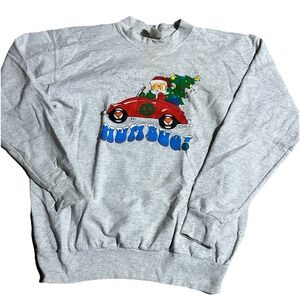 Vintage Christmas Sweatshirt Car Graphic Humbug Santa Ugly Xmas Women's L